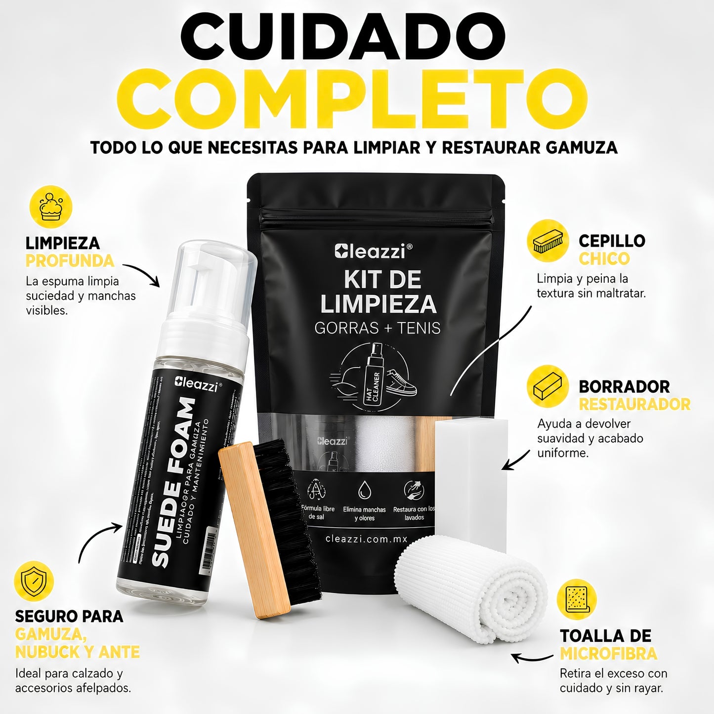 Kit Completo de Limpieza para Gamuza, Ante y Nobuck con Borrador, Cepillo y Microfibra (150 ml)