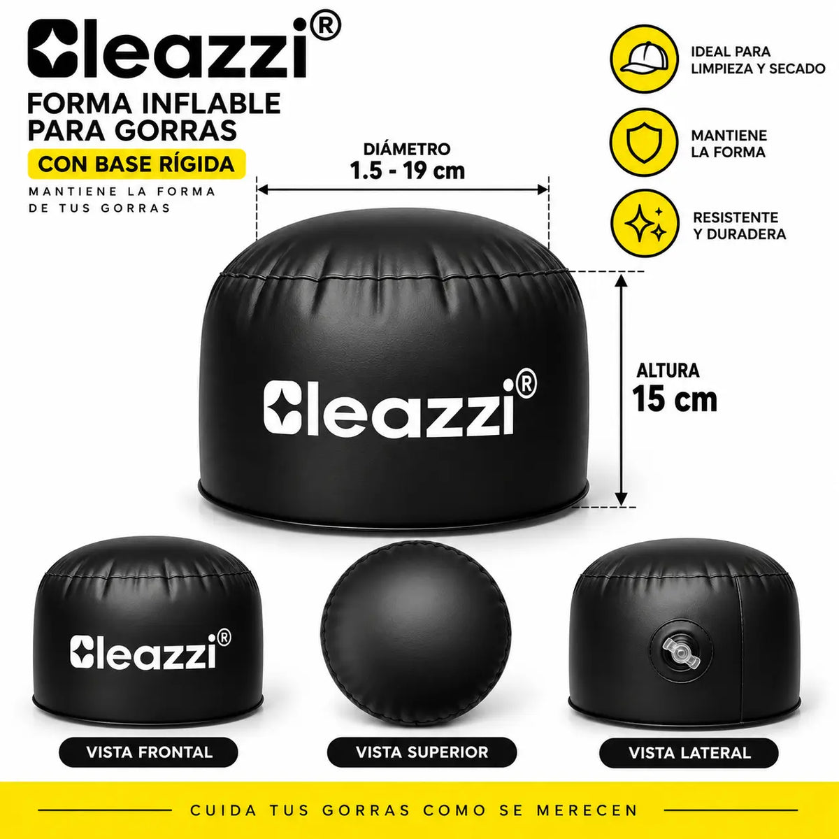 Horma Inflable para Gorras Cleazzi Negra | Soporte para Limpieza y Secado de Gorras